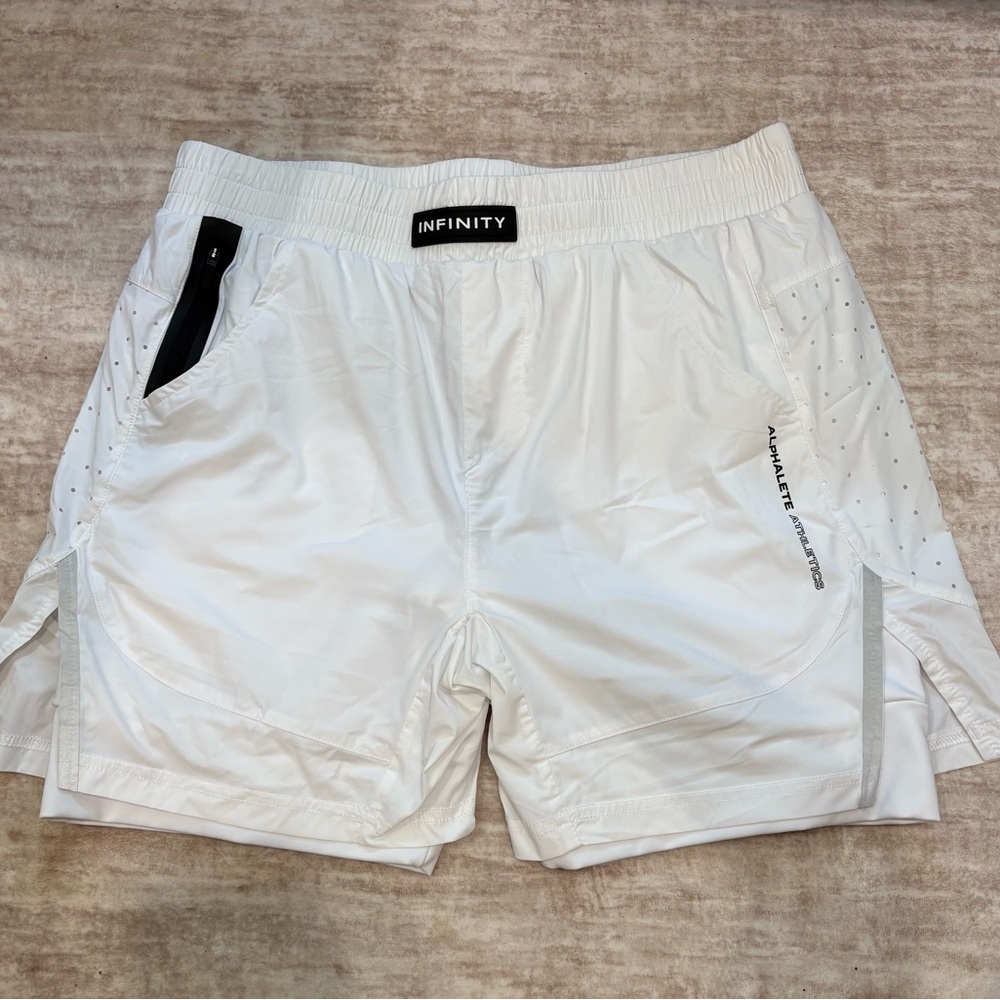 Alphalete Men’s White Athletic Shorts with Black Zip Accent